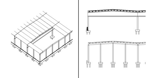 Esimerkki rakennuksen mastopilarijäykistyksestä (osa rakenteista on piilotettu havainnollisuuden takia)